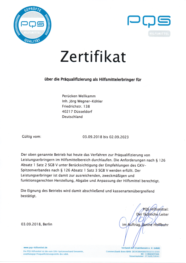 Zertifikat Hilfsmittelversorgung Perücken Wellkamm