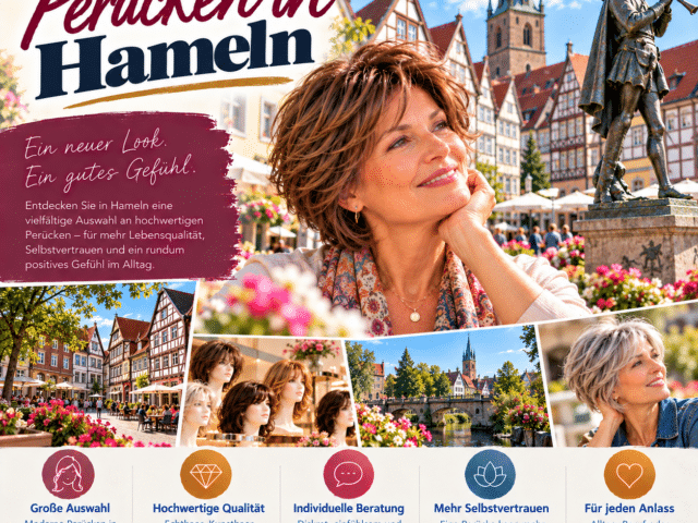 Auswahl von Perücken in verschiedenen Haarfarben und Schnittformen in einem Fachgeschäft – Perücken in Hameln